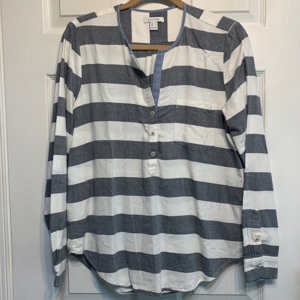 Nautica Striped Cotton Henley Top Size M Roll Tab Sleeve Coastal Preppy Sailor